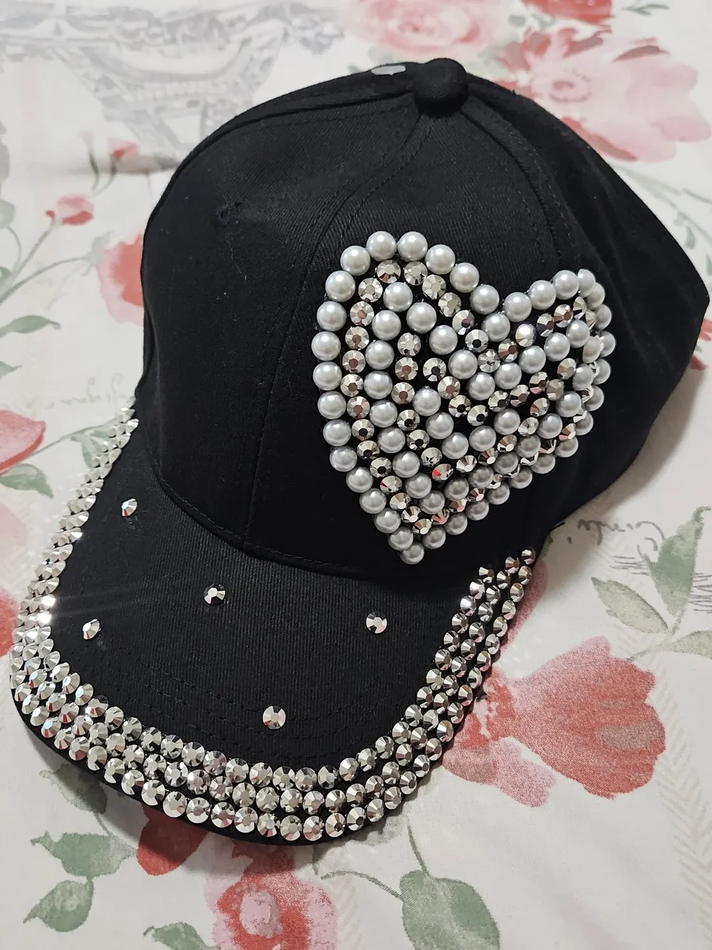 Black Baseball Cap with Pearl Heart and Rhinestone Trim